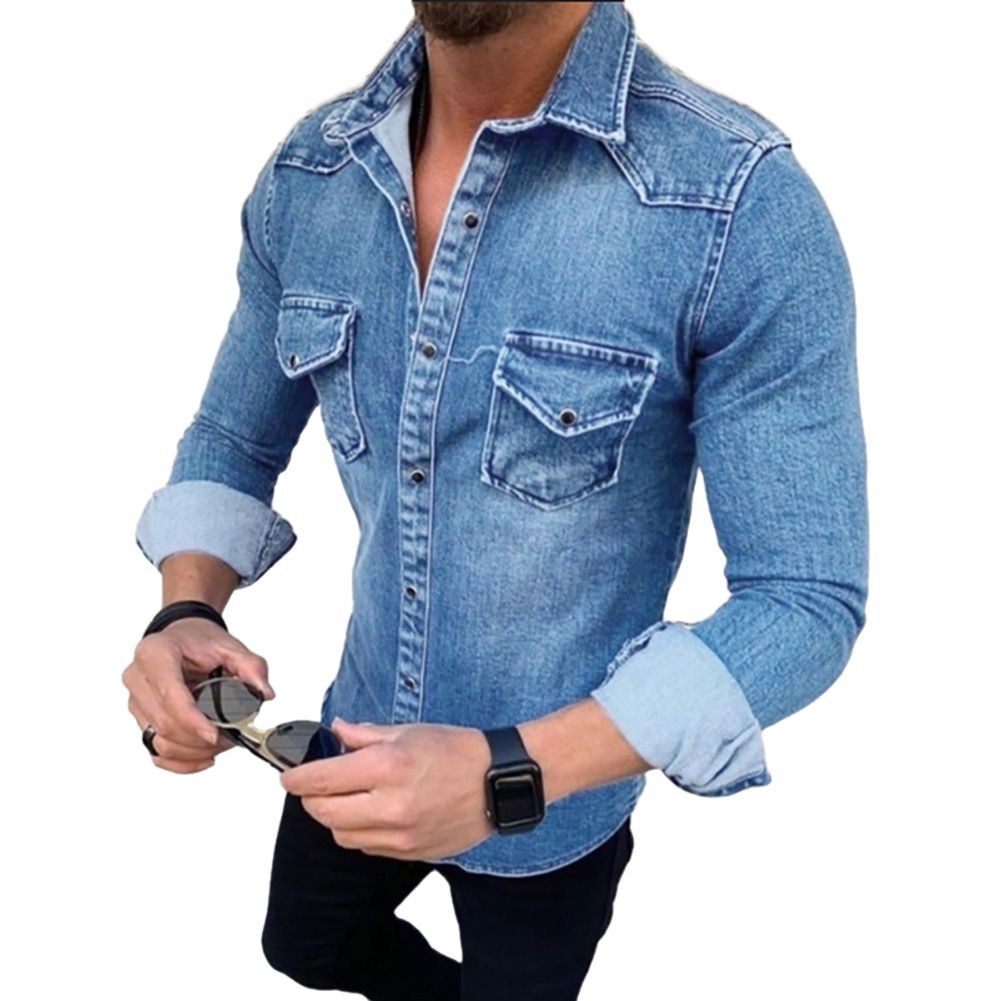 Men Fashion Pockets Turn Down Collar Long Sleeve Outerwear Slim Buttons Shirt