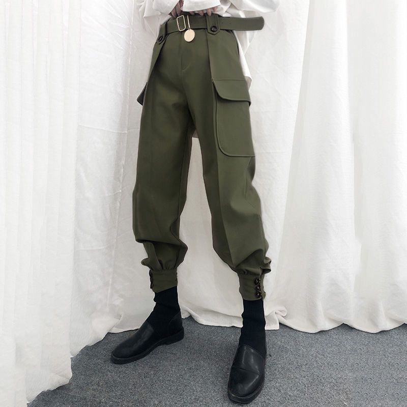 With Belt Button Pockets Slim Cargo Pants Women High Waist Vintage Streetwear Harem Pants Gothic Qualities Pants Female