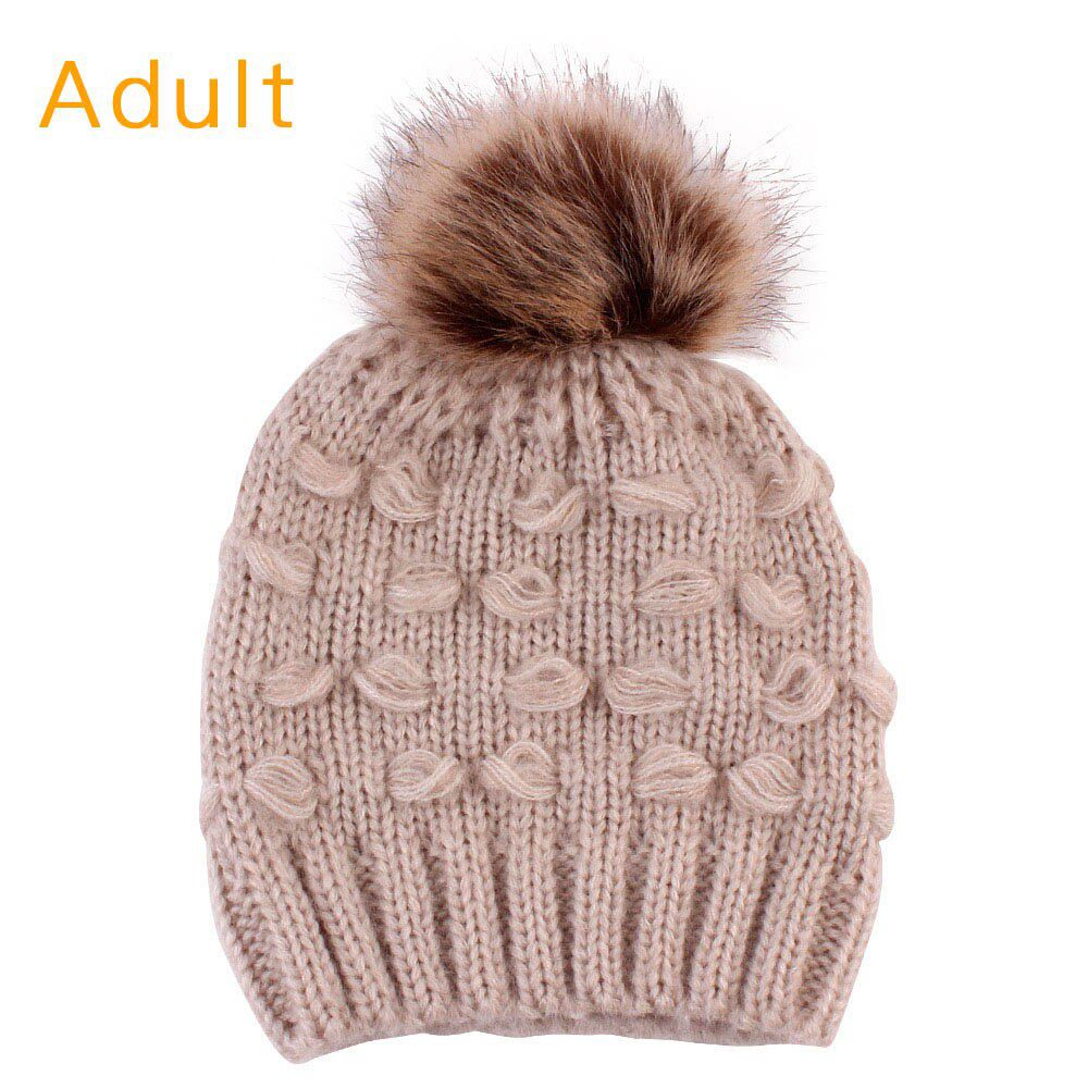 Mom and Me Cute Warm Winter Wool Hat Crochet Knit Beanie Fur Pom Pom Hat Baby Boys Girls Cap Mom and Baby Cap