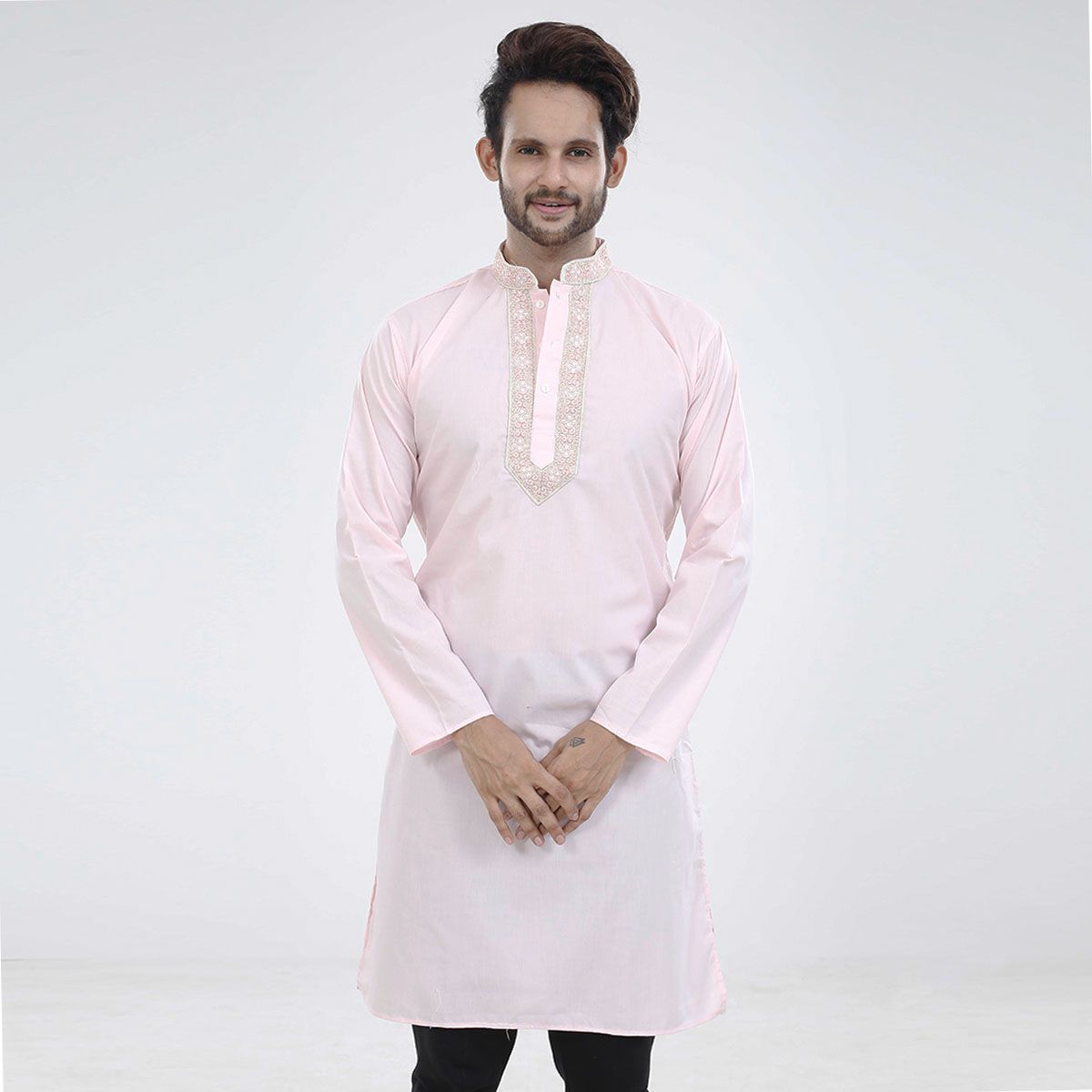 While and pink colour panjabi for men   Soft cotton fabrics pink panjabi for men - PN86