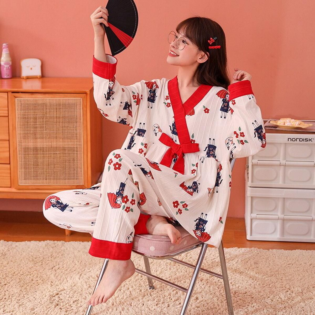 Autumn Winter Two Piece Set 100% Pure Cotton Long Puff Sleeve Trousers Women Pajamas Suit Cute Princess Style Sleepwear Homewear