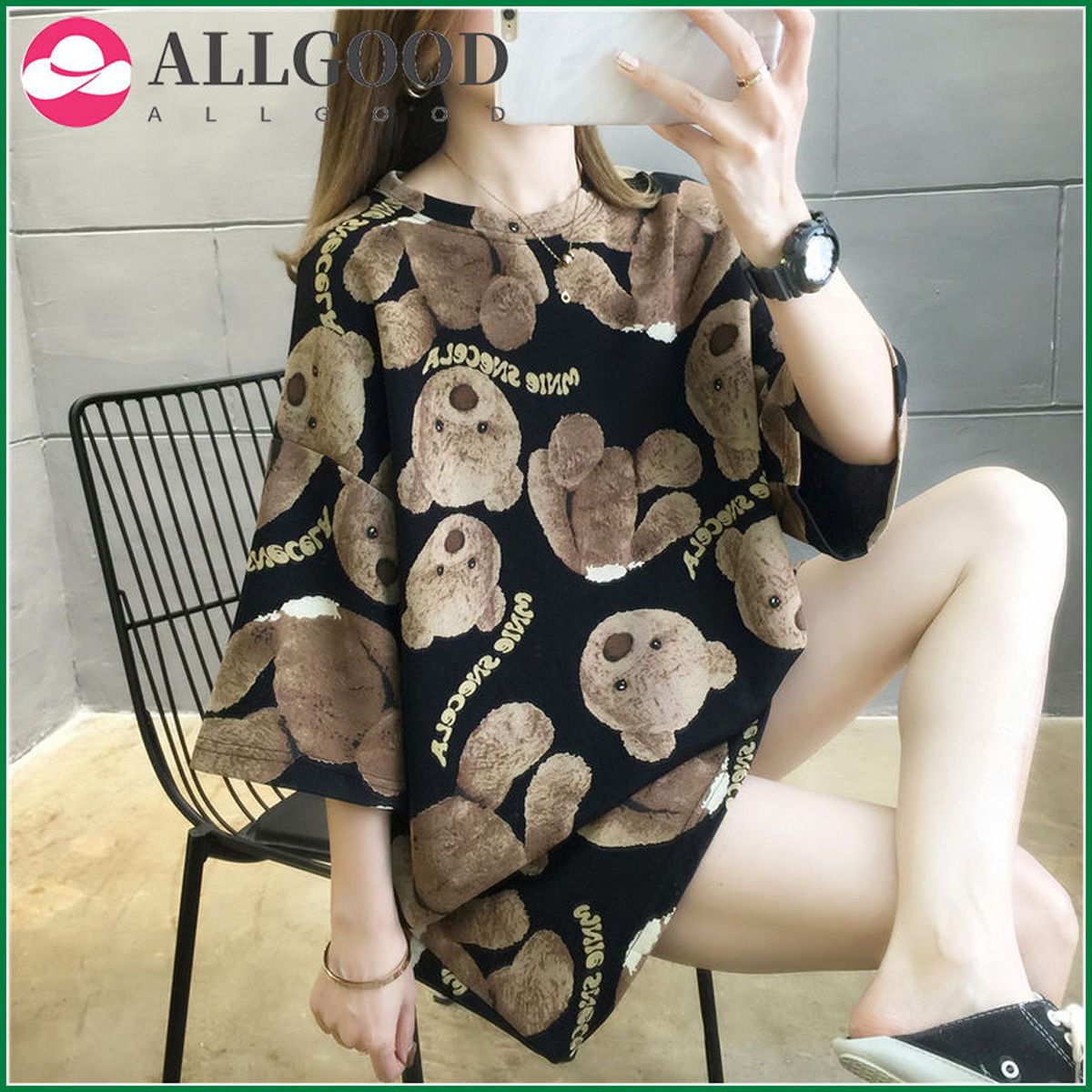 Summer Harajuku Women T-shirt Half Sleeves Cartoon Bear Loose Tops Tide High Street Cotton Tshirt Large Size Tees NS4523
