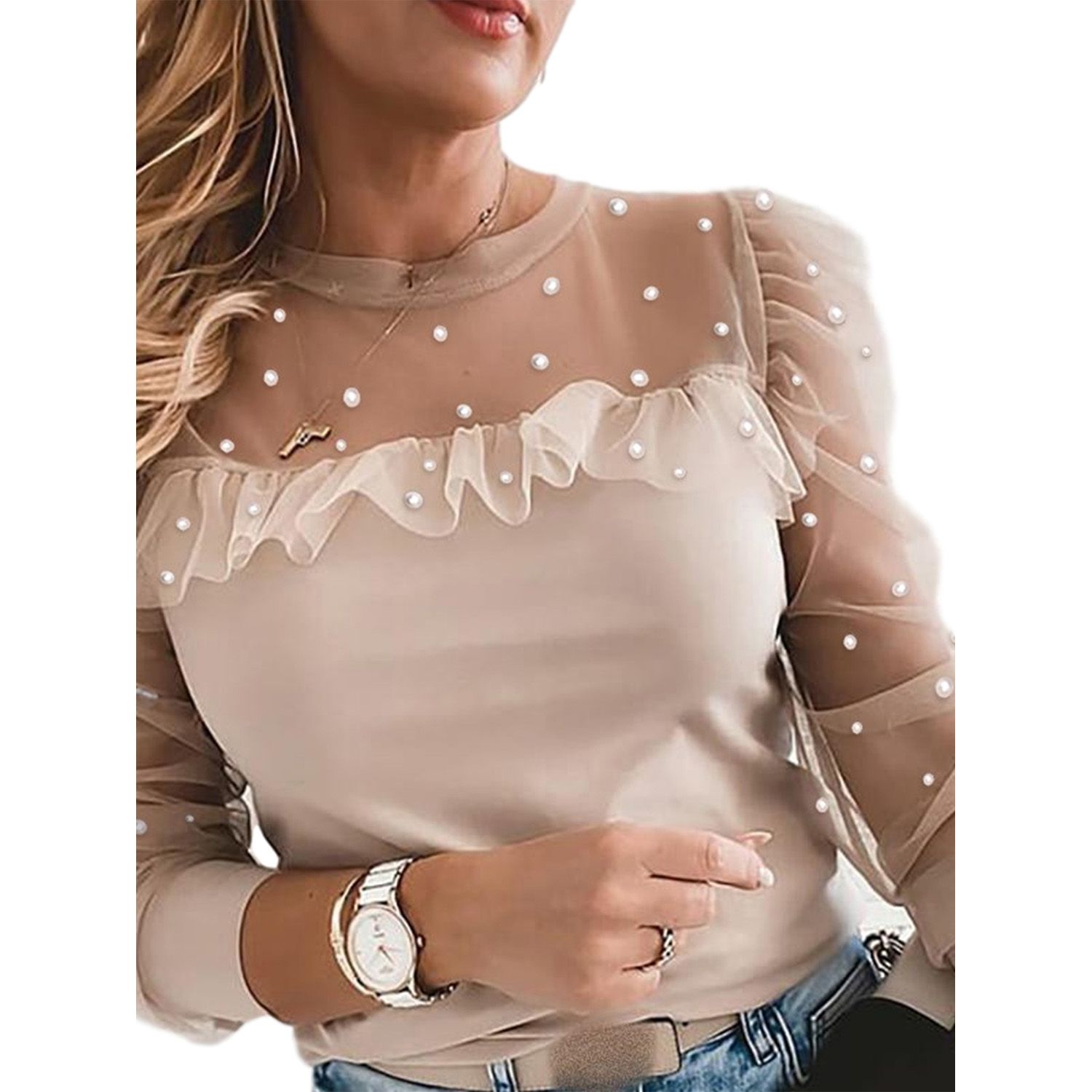 Women See-through Blouse, Adults Sexy Solid Color/ Lace/Pearl Long Sleeve Round Neck Ruffle Mesh Top