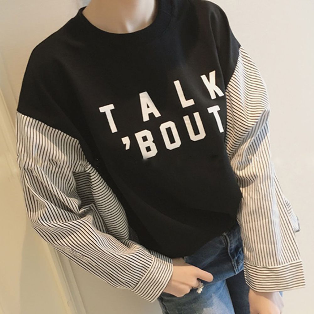 Female Loose Long-sleeved T-shirt Fake Two-piece Stripe Round Collar Pullover