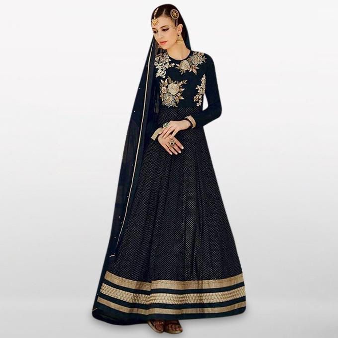 Unstitched Dark  Blue  Georgette  Embroidery  Work  Gown  For  Women