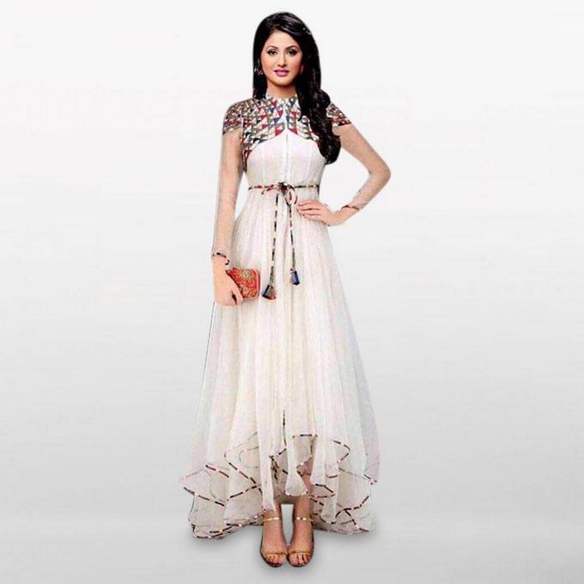 White Georgette Embroidery Work Gown For Women