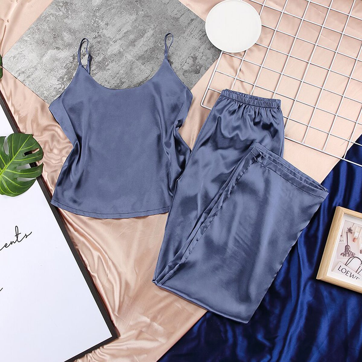 Backless Female Set 2 Pcs Satin Sexy Pajamas Black Lace Pajamas With Pants Loose Spaghetti Strap Sleepwear Women Sets Suit