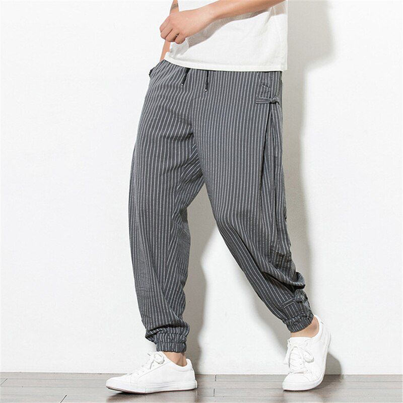 Summer New Men Pants Harem Loose Linen Thin Striped Jogger Sweatpants Breathable Plus Size Casual Harem Pants Male