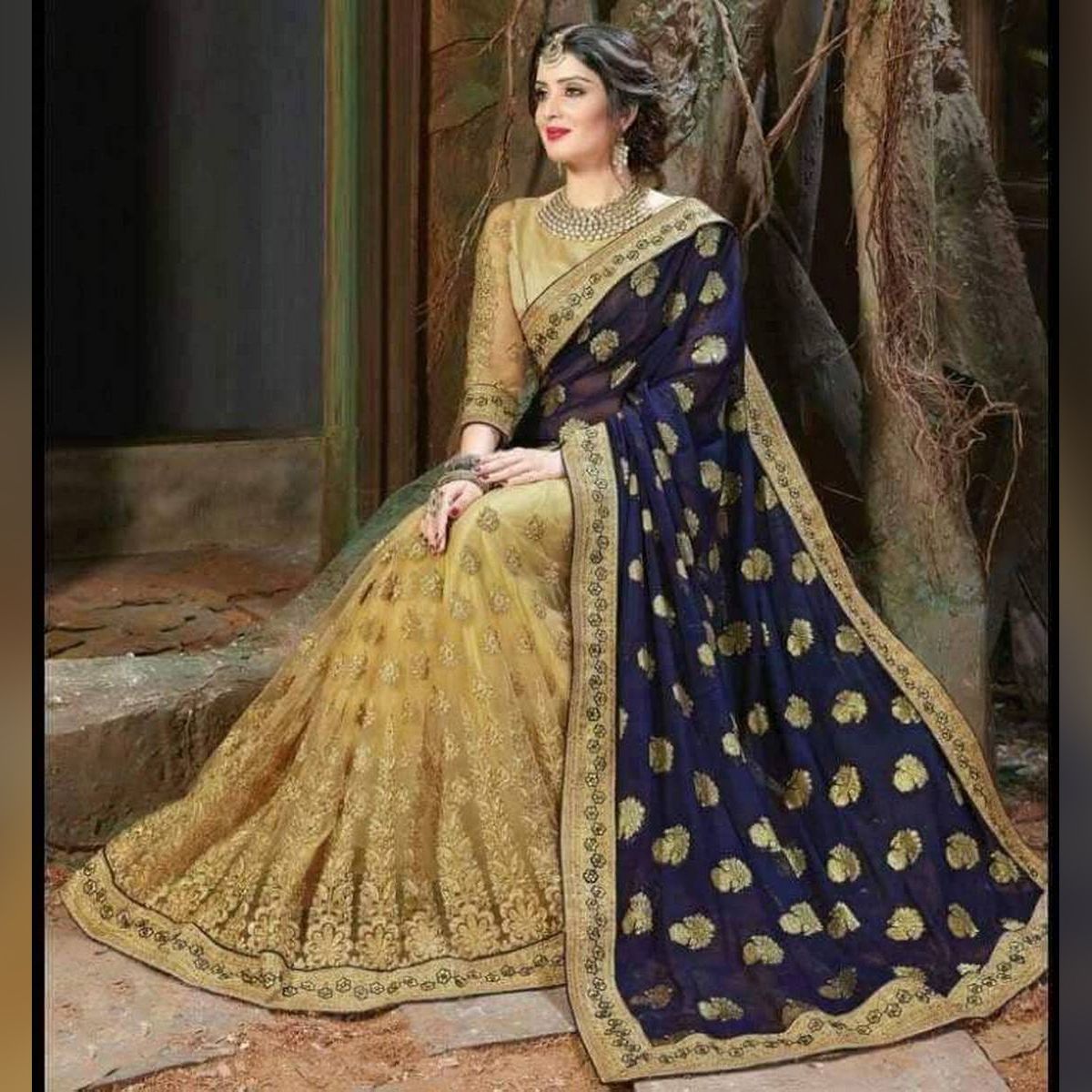 NavyBlue&Biscuit Colour Saree With High Quality Embroidery Work