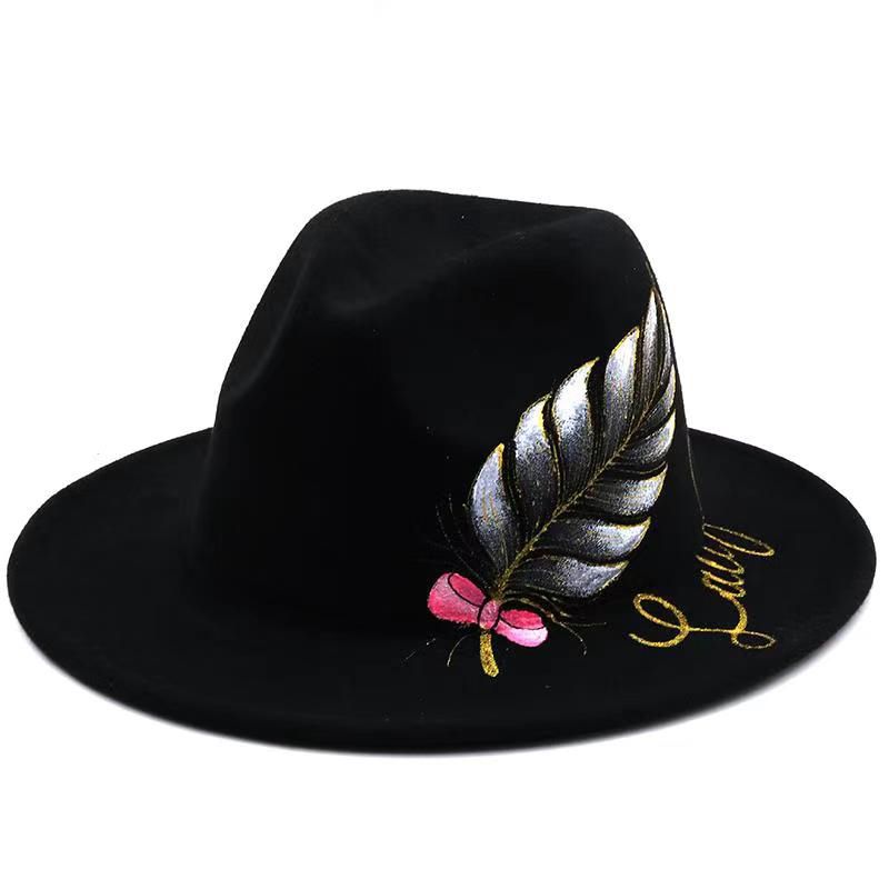 New Hand Painted Wool Felt Wide Brim Fedora Hat Gentleman Elegant Lady Winter Autumn Wide Brim Jazz Church Panama Sombrero Caps