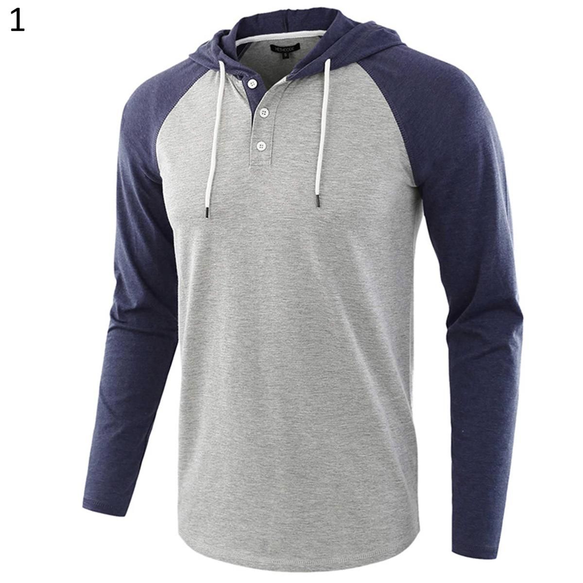 Men Long Raglan Sleeve Color Block Buttons Hoodie Drawstring Hood Sweatshirt