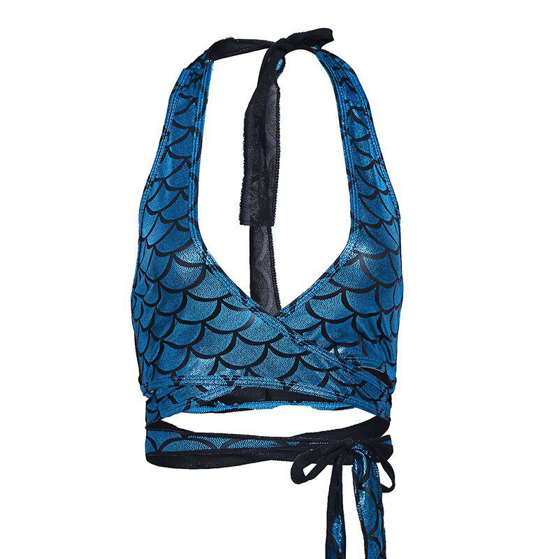 Women Shiny Mermaid Fish Scale Print Halter Eye-catching Strappy Savage Wrap Around Bra Top for Club Music Festivals Costume