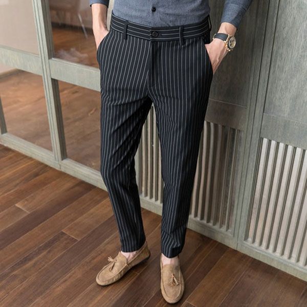 White Vertical Stripes Suit Pants Men Blue Black Trousers Fashion Slim Men's Pant Business Pantalones Hombre Autumn New Slacks