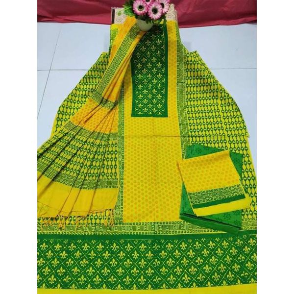 ব্লক প্রিন্ট থ্রি-পিস-Block Print Cotton Three Piece [3 Piece] For Women - 3 Pice Dress - 3 Pice Dress