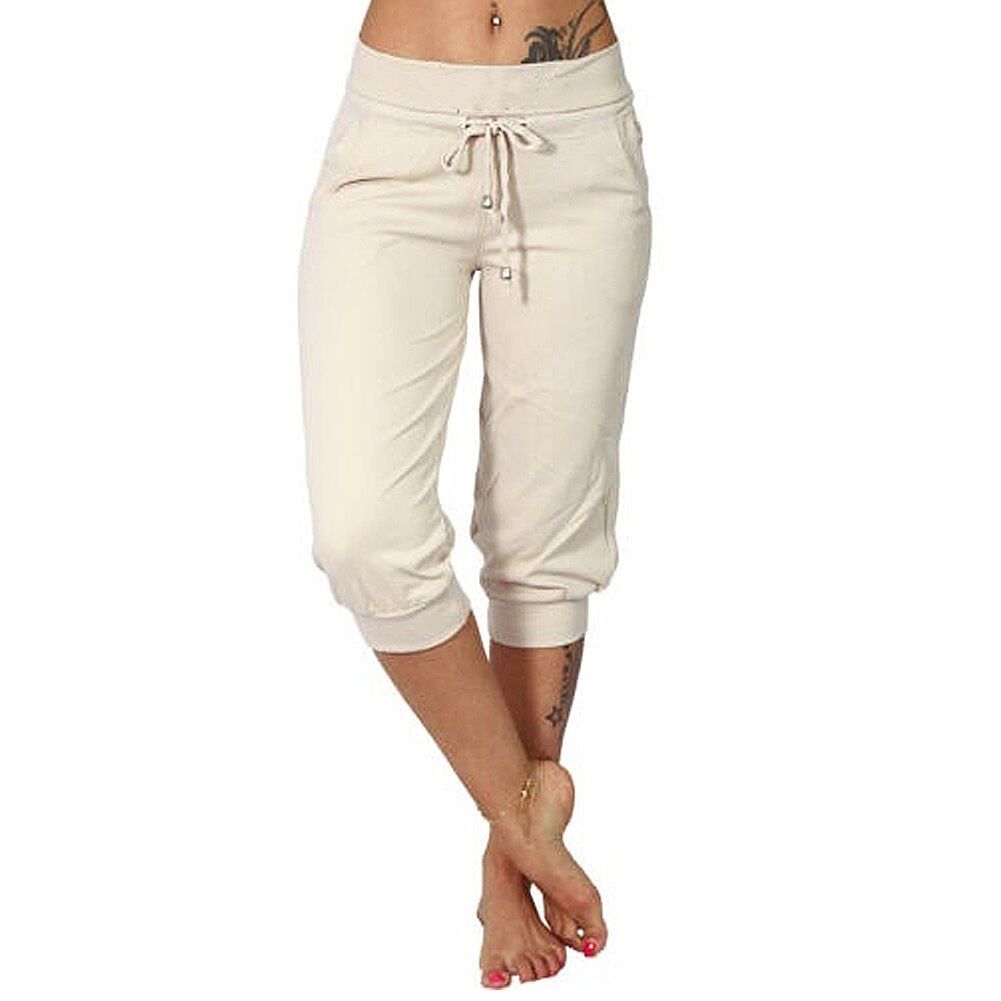 Women Casual Solid Color Low Rise Drawstring Pockets Sports Capri Pants Women's Fashion Short Trouser Pants Women's