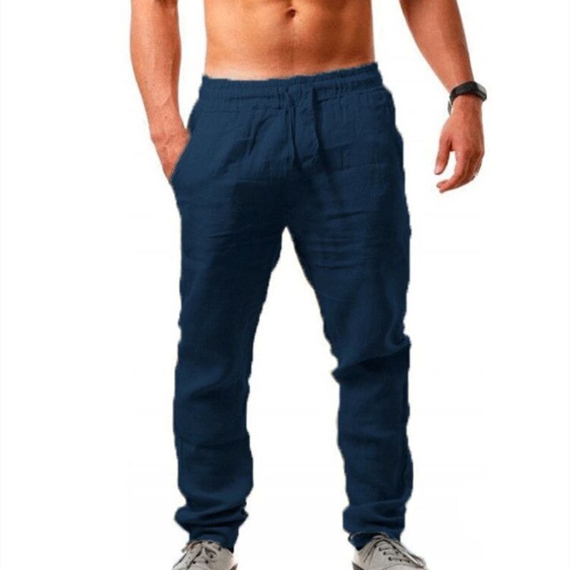 Summer Mens Cotton Linen Casual Pants Breathable Solid Color Sports Trousers Fitness Jogger Straight Loose Drawstring Sweatpants