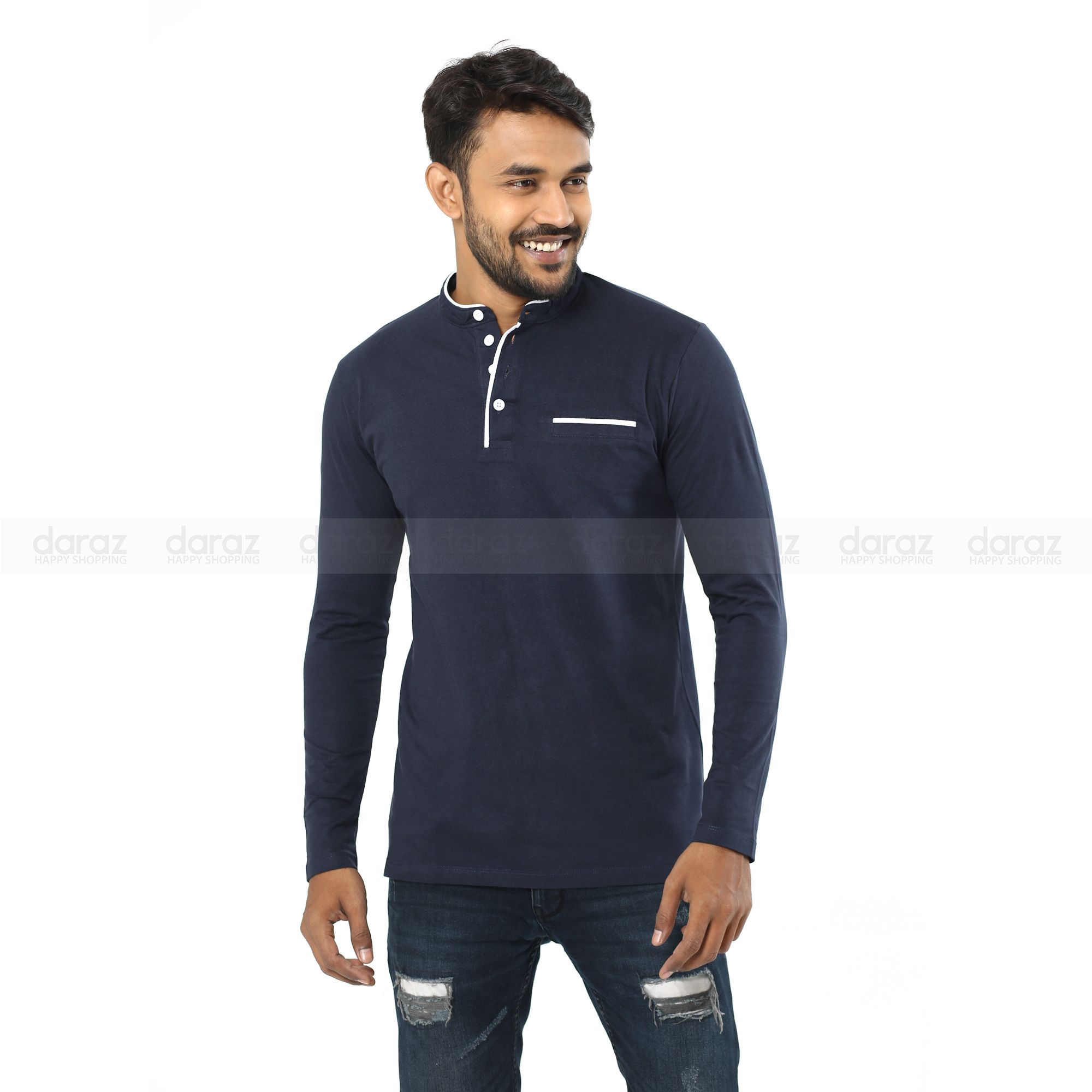 Long Sleeve Stylish Polo Shirt For Men Navy Blue Color