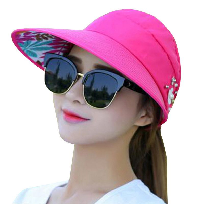 Hot Summer Sun Hat With Pearl Adjustable Big Heads wide-brimmed Beach Hat UV Protection Packable Sun Visor Hat With 1PCS