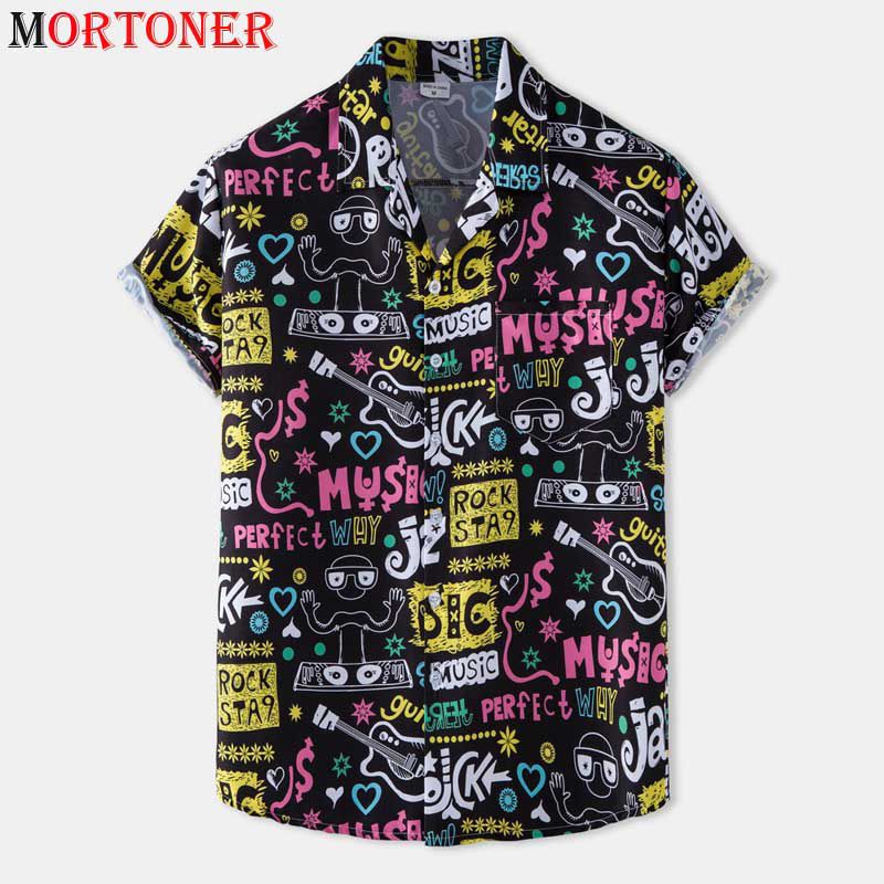 Stylish Graffiti Print Hawaiian Shirt Men Short Sleeve Button Down Beach Wear Shirts Mens Casual Holiday Party Aloha Shirt 3XL