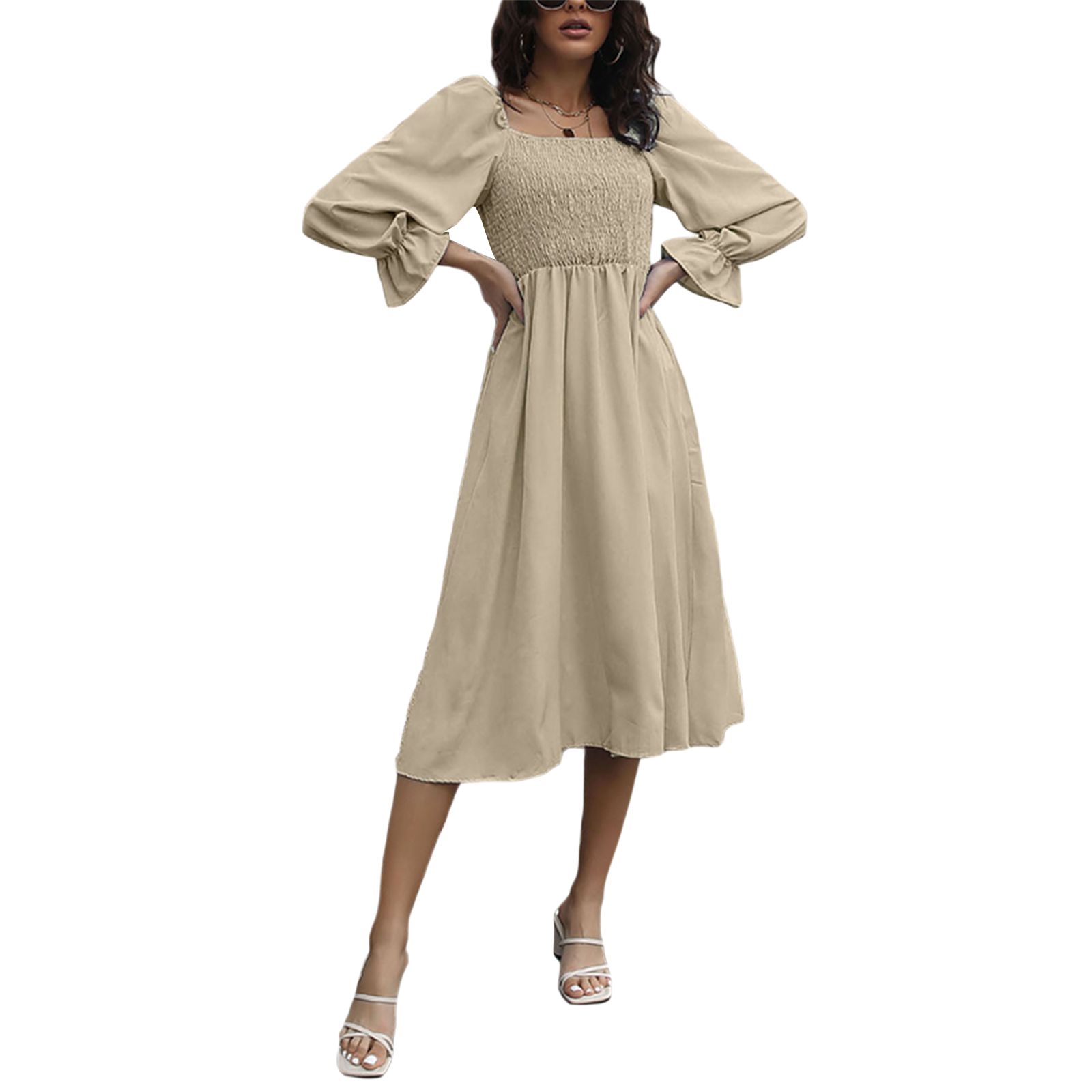Women Spring Dress, Long Puff Sleeve Plain Pleated Square Neck Long Dress, Ladies Casual Fall Calf-Length One-Piece