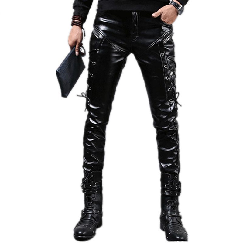 Idopy Men`s Pleather Pants Punk Style Skinny Lace Up Party Stage Performance Night Club Steampunk Faux PU Leather Trousers