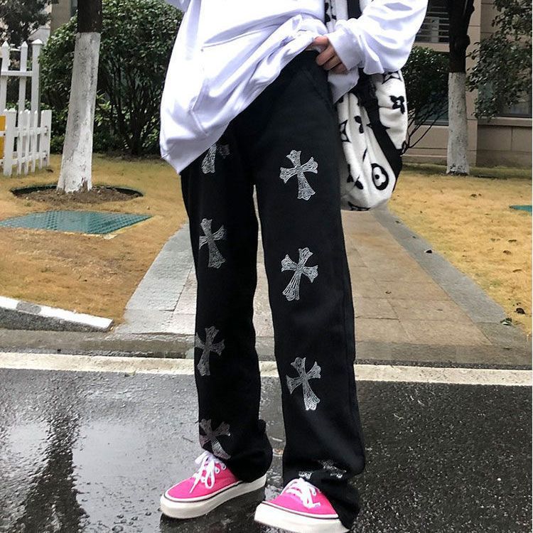 Women Hip-Hop Long Trouser Vintage Gothic Print Wide Leg Pant Overalls Summer Spring Black BF Streetwear Cargo Pants