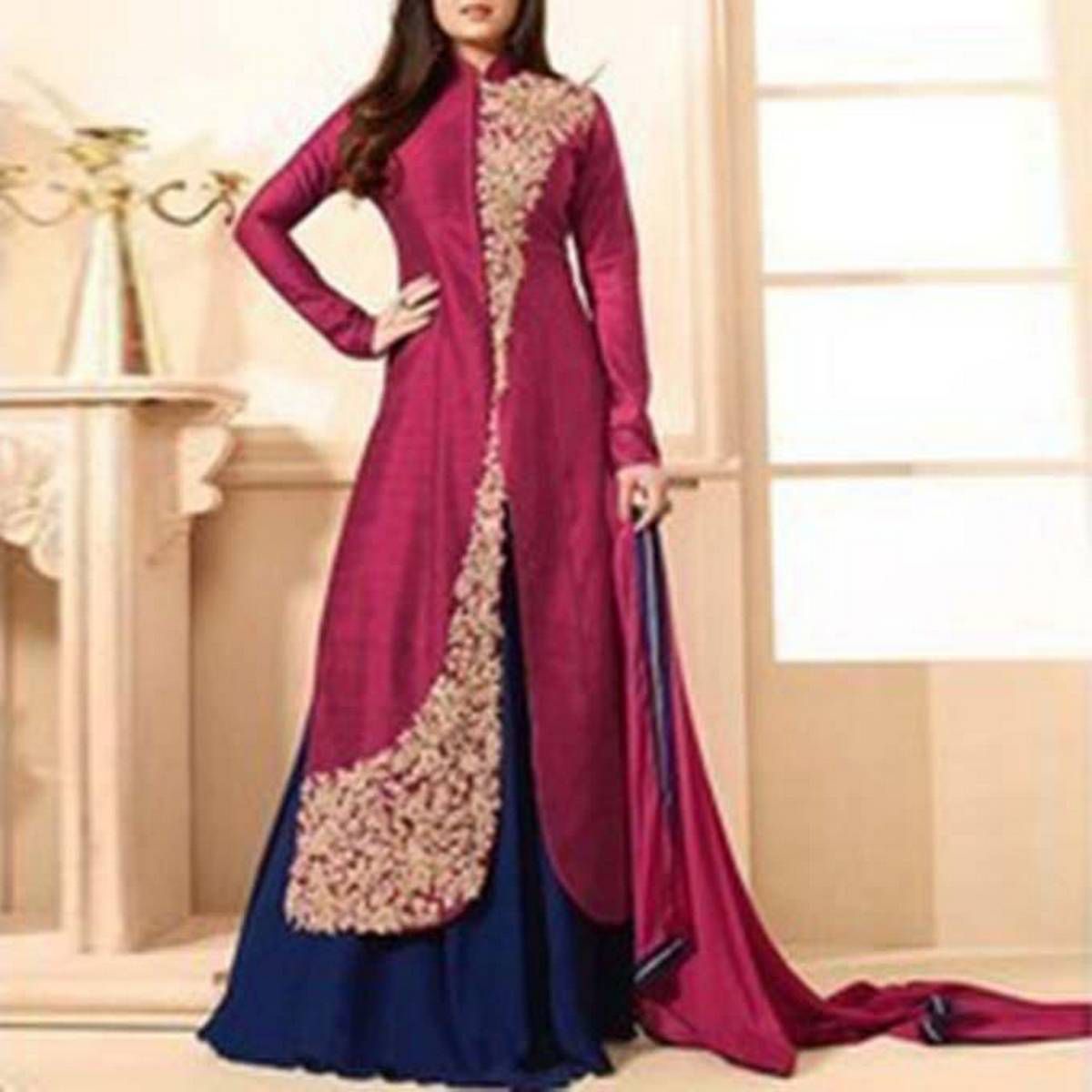 Purple  and  Navy  Blue  Semi-Stitched  Georgette  Gown  for  Women