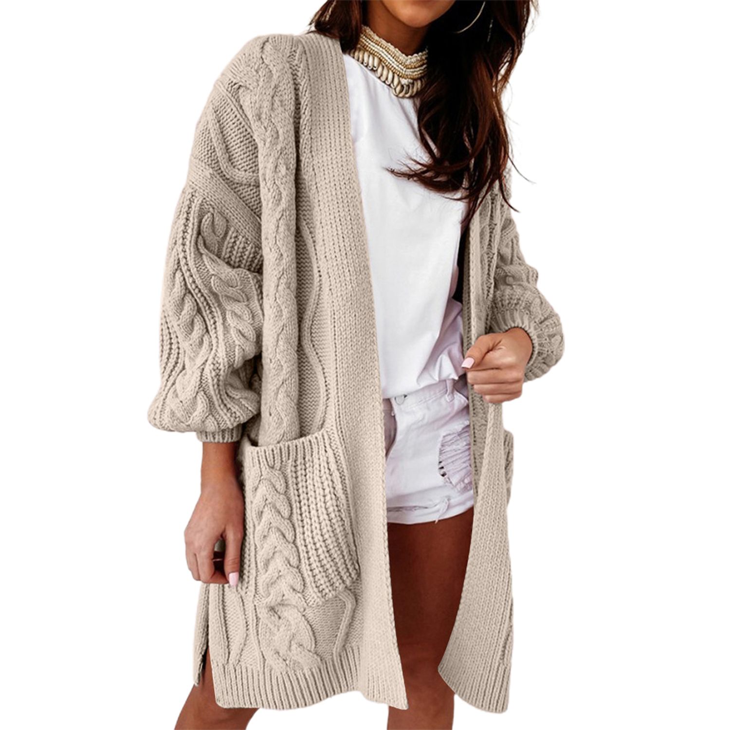 Women Sweater Coat Long Sleeve Split Pure Color Sweater Coat