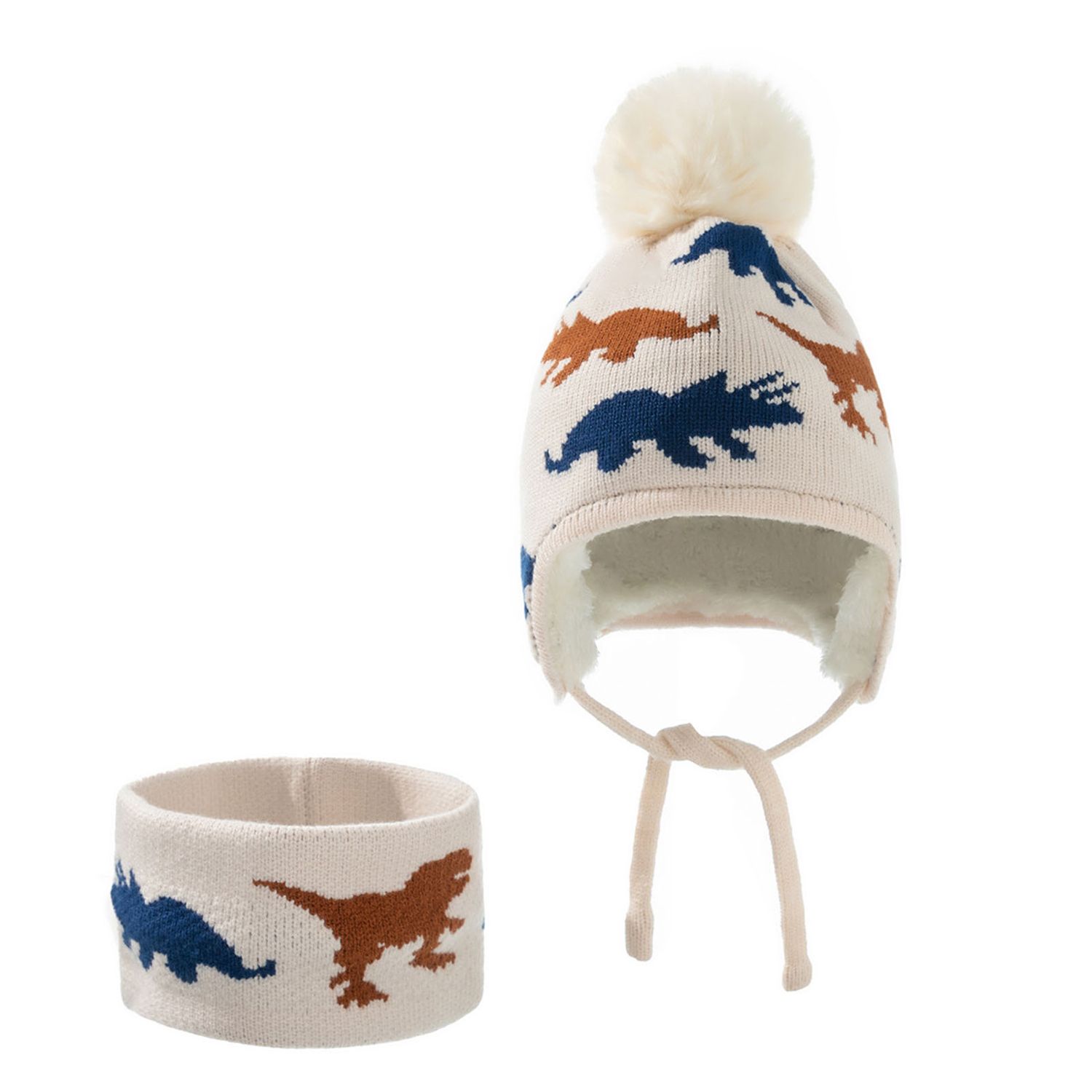 Toddler Hat Scarf Cartoon Dinosaur Pompom Ear Cap Hat Circle Scarf