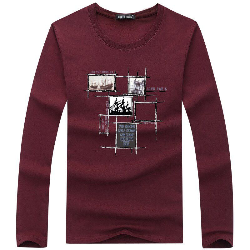 Men Cotton T Shirt Autumn And Winter Men's Fashion T-shirt Spring Long Sleeved Casual O-neck T-shirt Music Pattern