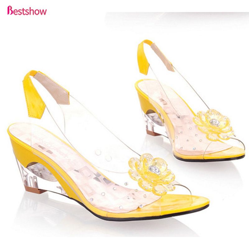 Bestshow Studded Flower Design Transparent Sandals Peep Toe Heels Sandals Wedding Party Shoes For Women