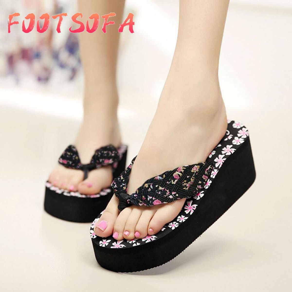 Women Ladies Girls Wedges Floral Flip Flops Sandals Slippers Beach Shoes