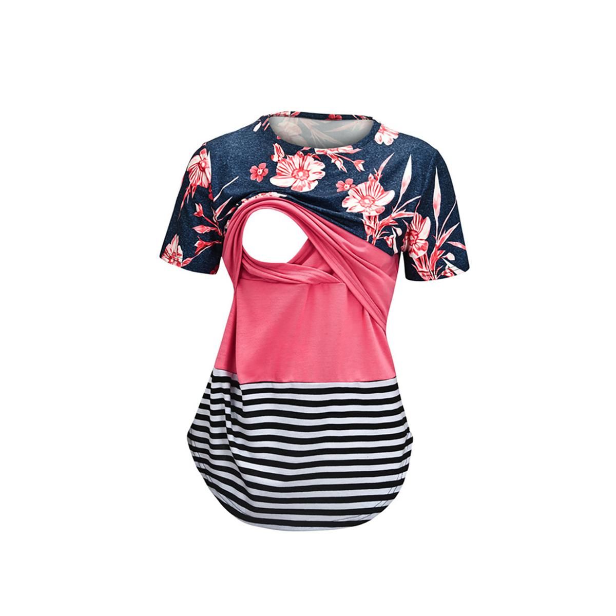 New Female T-Shirt, Floral Print Round Neck Short Sleeve T-Shirt Pregnant Women’ s Tops, S/M/L/XL/XXL