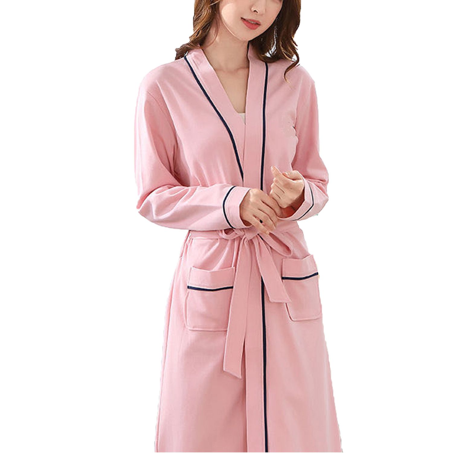 Fashion Women Soft Long Sleeve Solid Color Pockets Bath Robe Home Gown Sleepwear