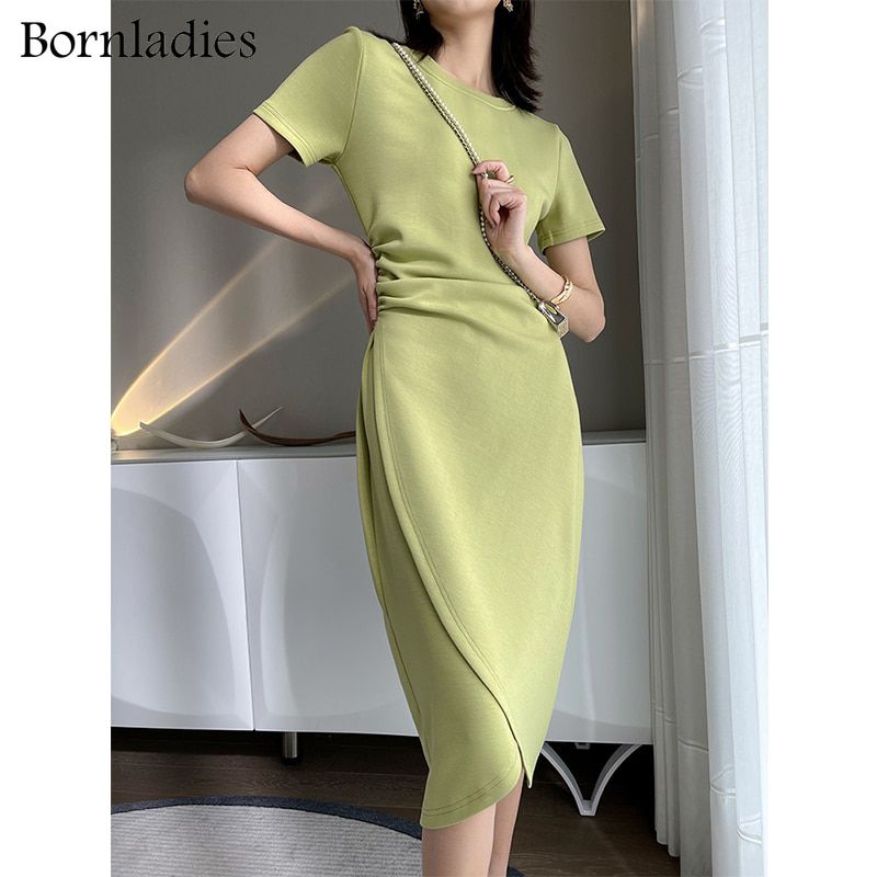 Bornladies 2021 Summer Short Sleeve Bodycon Green Dress Women Elegant Sexy Fold Slim Waist Mermaid Midi Dress 100% Cotton Dress