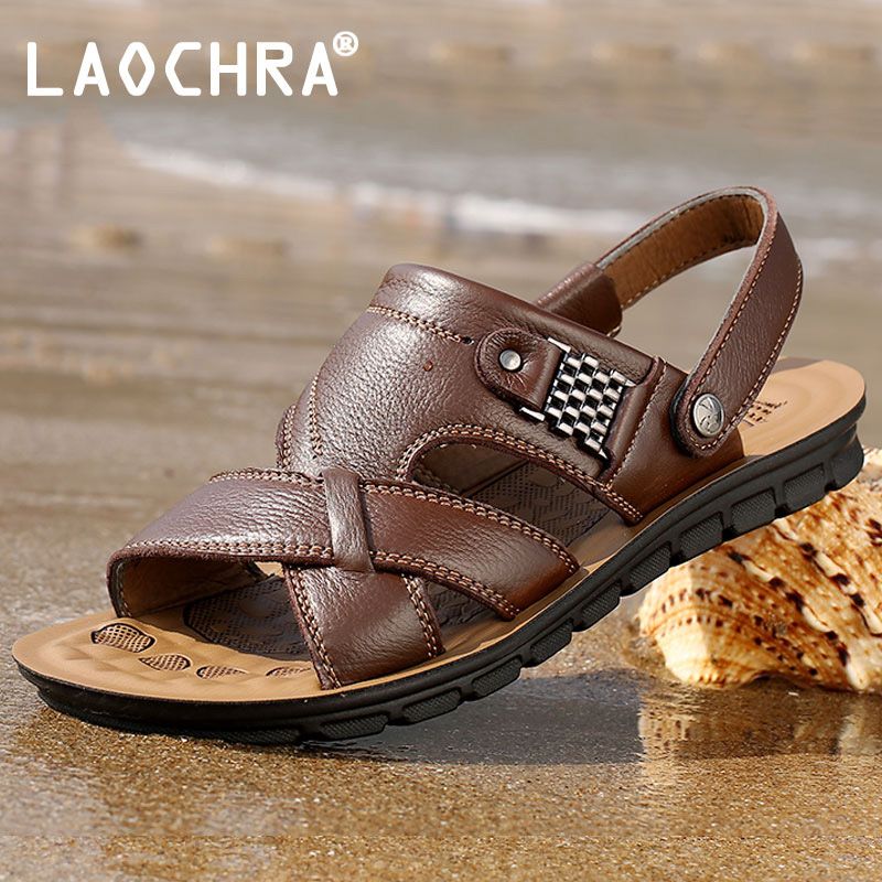 Men Sandals Summer Breathable Leisure Sandals Shoes Mens Lightweight Leather Flip Flops Comfortable Non-slip Beach Shoes X