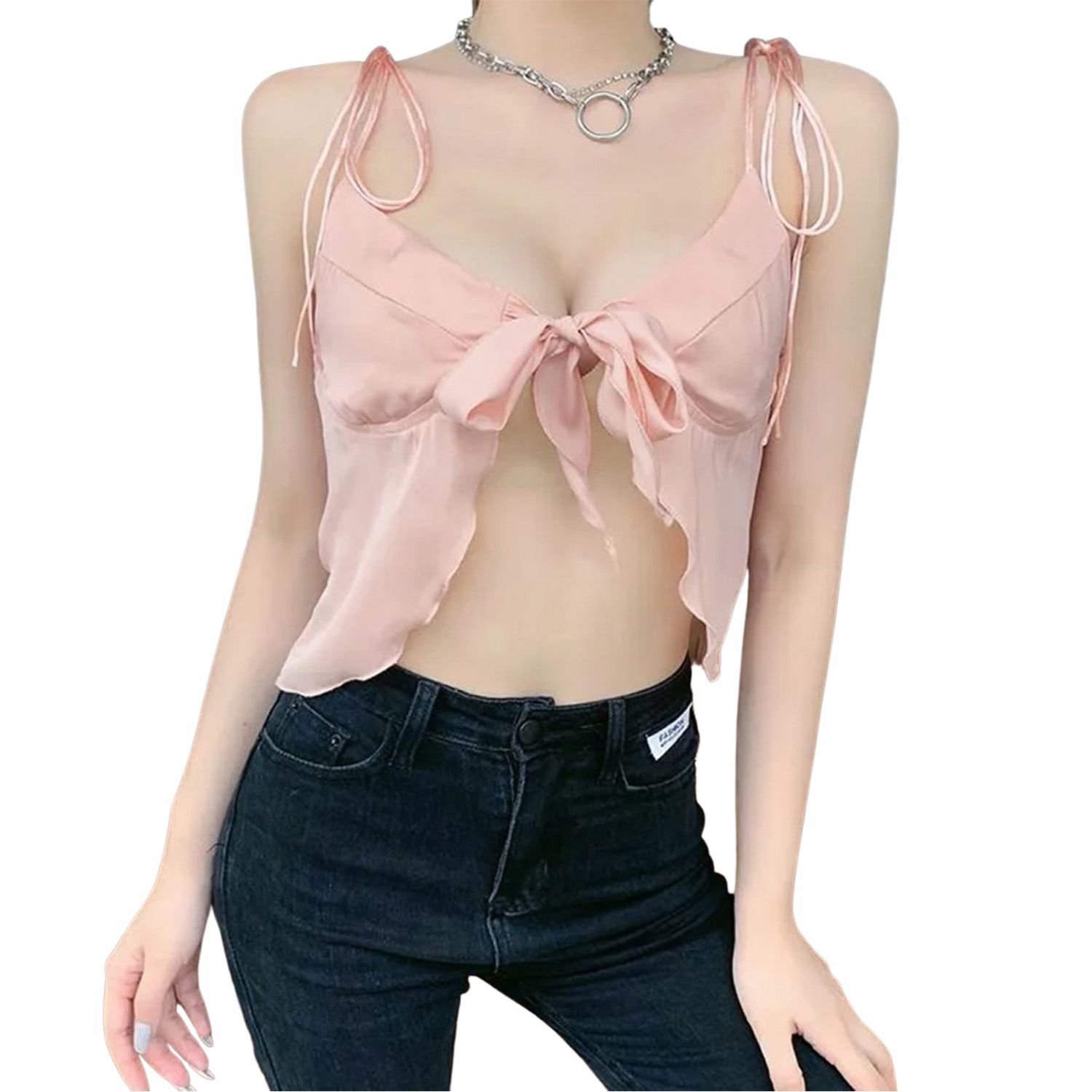Women Summer Crop Tops, Sleeveless Tie Up Bow Decor Chest Spaghetti Straps Camisole Vest