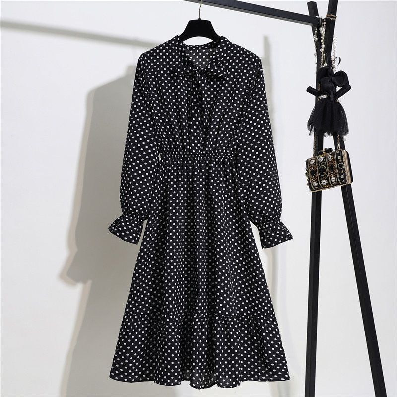 Floral Print Women Dress Female Autumn Long Sleeve Vintage Chiffon Bow Tie Neck Office Lady Shirt Dress Summer Vestidos