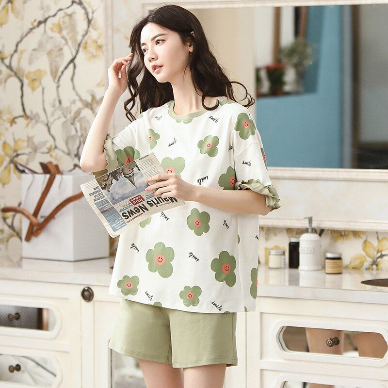 Summer Women's Pajamas Set Sweet Home Suit Casual Cotton Sleepwear Comfort Femme Pijamas Lovely Nightwear Loose Pyjamas