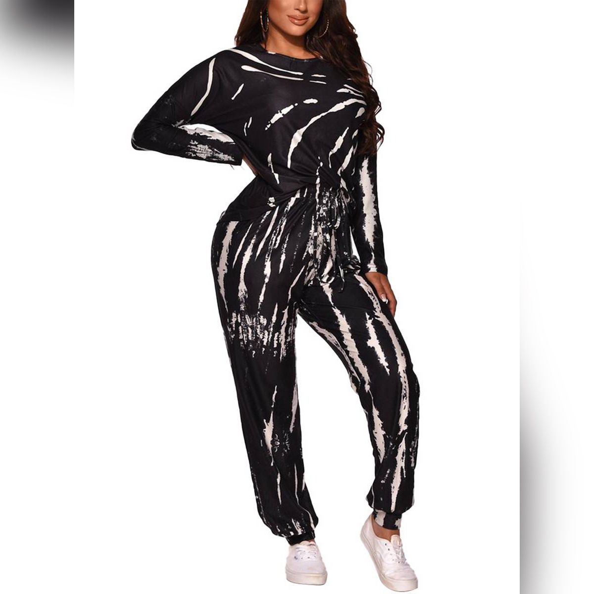 2021 Women Comfortable Tie-dye Printed One-piece Suit, Sports Round Neck Long Sleeve Waist Lace-Up Top, H