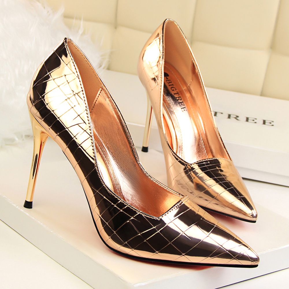 【FOOT SOFA】Size 34-43 Patent leather High Heels New Korean Version Shallow Mouth Pointed High HeelsStone Pattern MirrorWomen's Shoes
