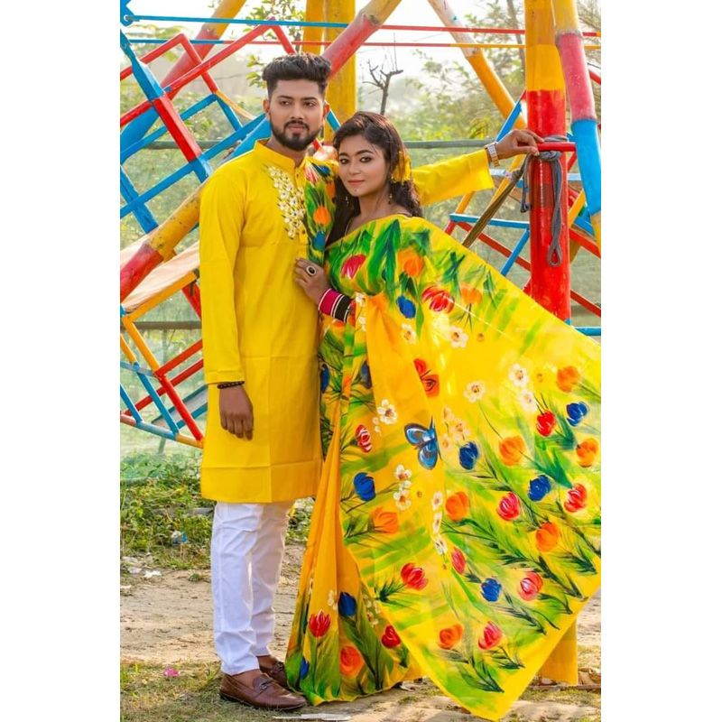 New Exclusive Design Yellow Color Hand Print Half Silk Saree and Dupaiyan Panjabi couple Dress for Men and women