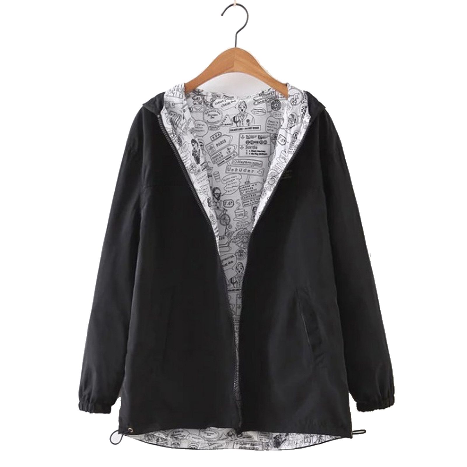 Women Long Sleeves Double-sided Printed Zipper Hooded Jacket Coat