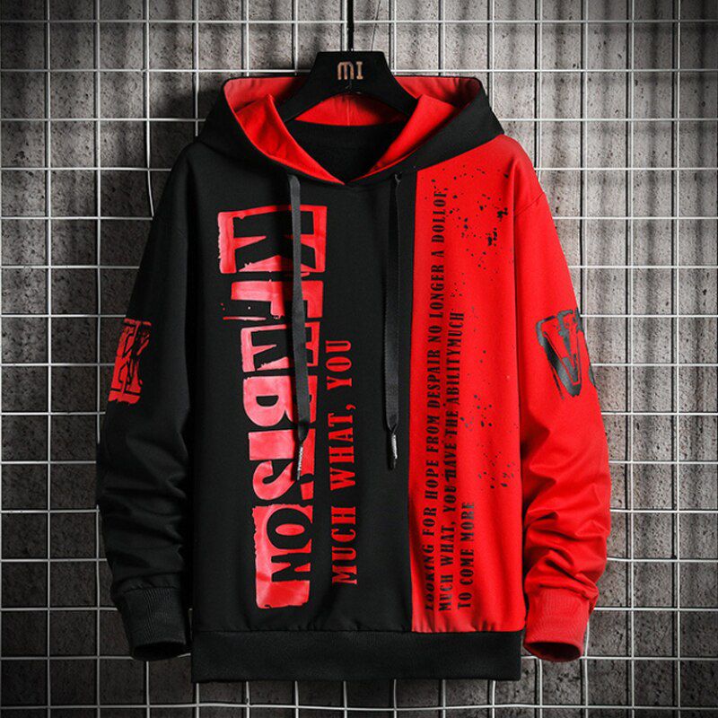 Streetwear Men Hoodie Letter Print Hooded Sweatshirts Mens Patchwork  Hop Hoodies High Street Fashion Tops Men
