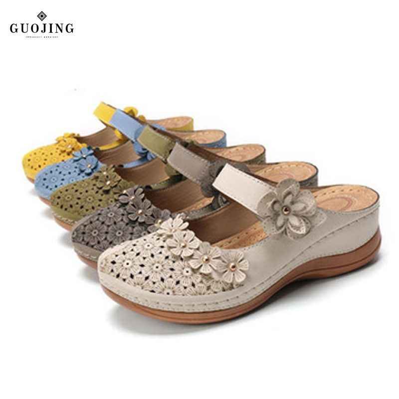 Women Platform Sandals Hollow Flower Retro Style PU Leather Anti-slip for Summer In stock