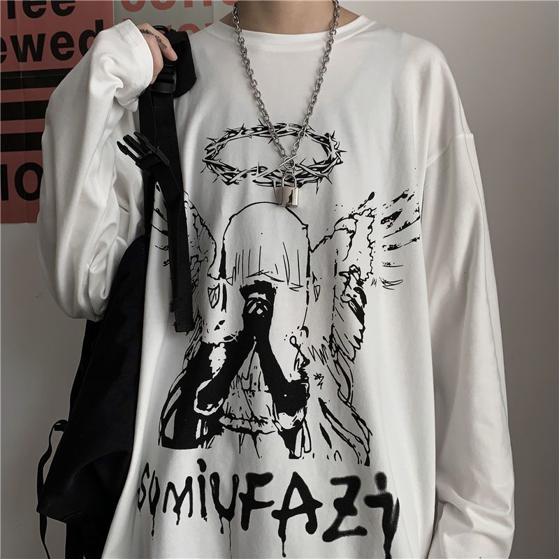 Harajuku Men's Long Sleeve T-shirts Autumn Gothic Vintage Print Ulzzang Cozy Fashion Streetwear Baggy Korean Trendy BF Plus Tops