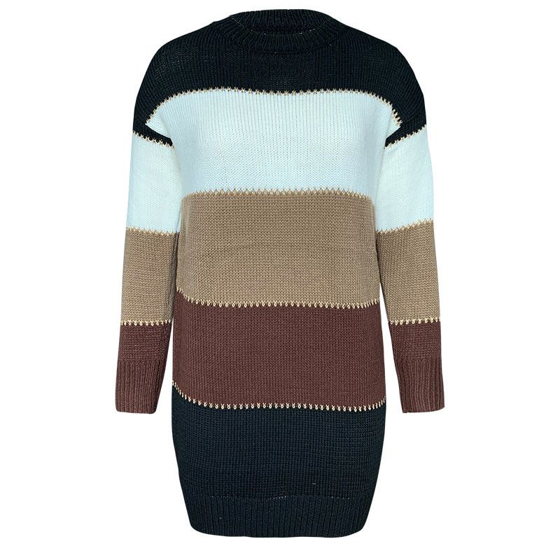 Women's O Neck Sweater Dress Patchwork Color Long Sleeve Knitted Pullover Casual Lady Clothing Striped  Night Party Dresses