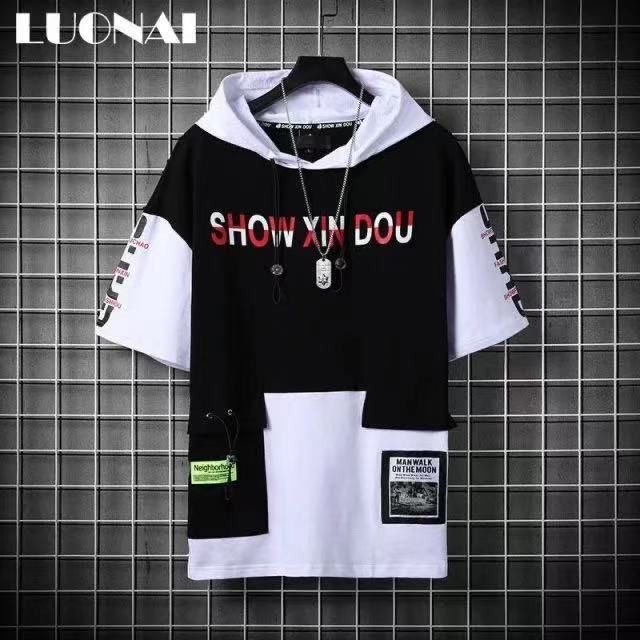 super Fire Ribbon Hooded  Hop Short Sleeve  Hop Fashion T-shirt Men's Fake Two-piece Street Bf Loose Five Sleeve T-shirt