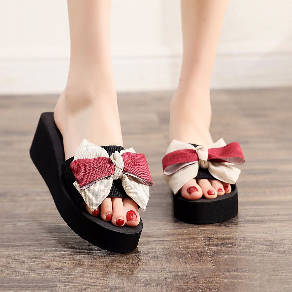 Fashion Women Bowknot Flip-Flop Breathable Wedge Open Toe sandals Beach Slippers summer fashion korean Cheap Large size Beautiful gladiator flat sandals women wedge for party Black