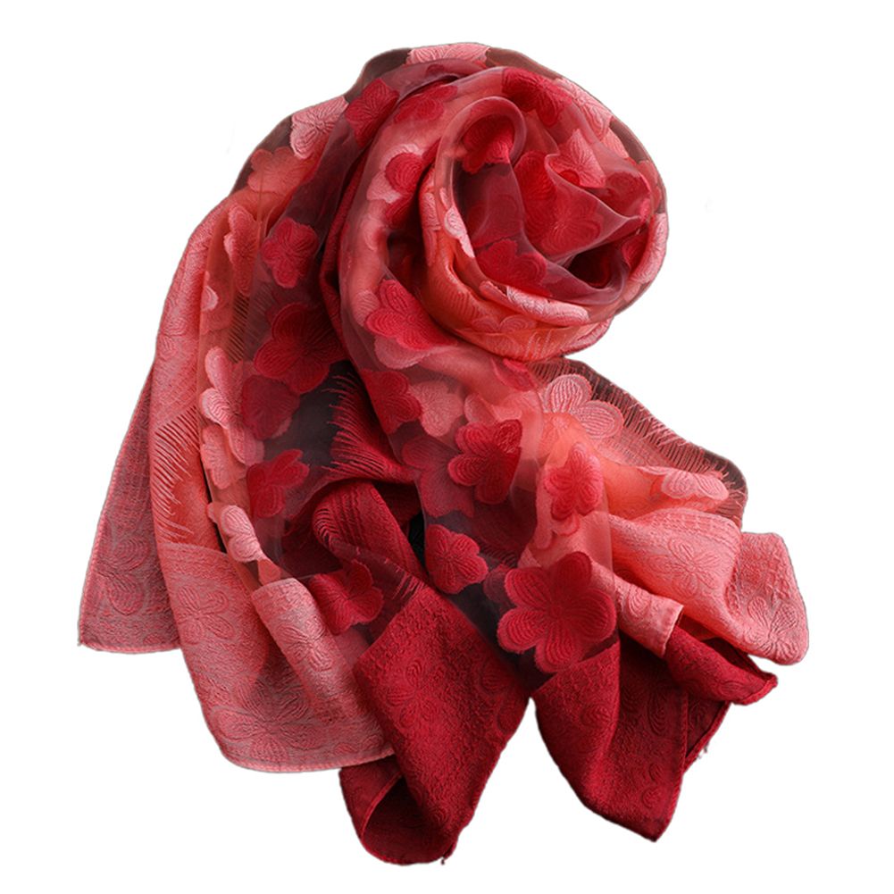 Women Stylish Gradient Color Floral Embroidery Long Neck Scarf Head Wrap Shawl